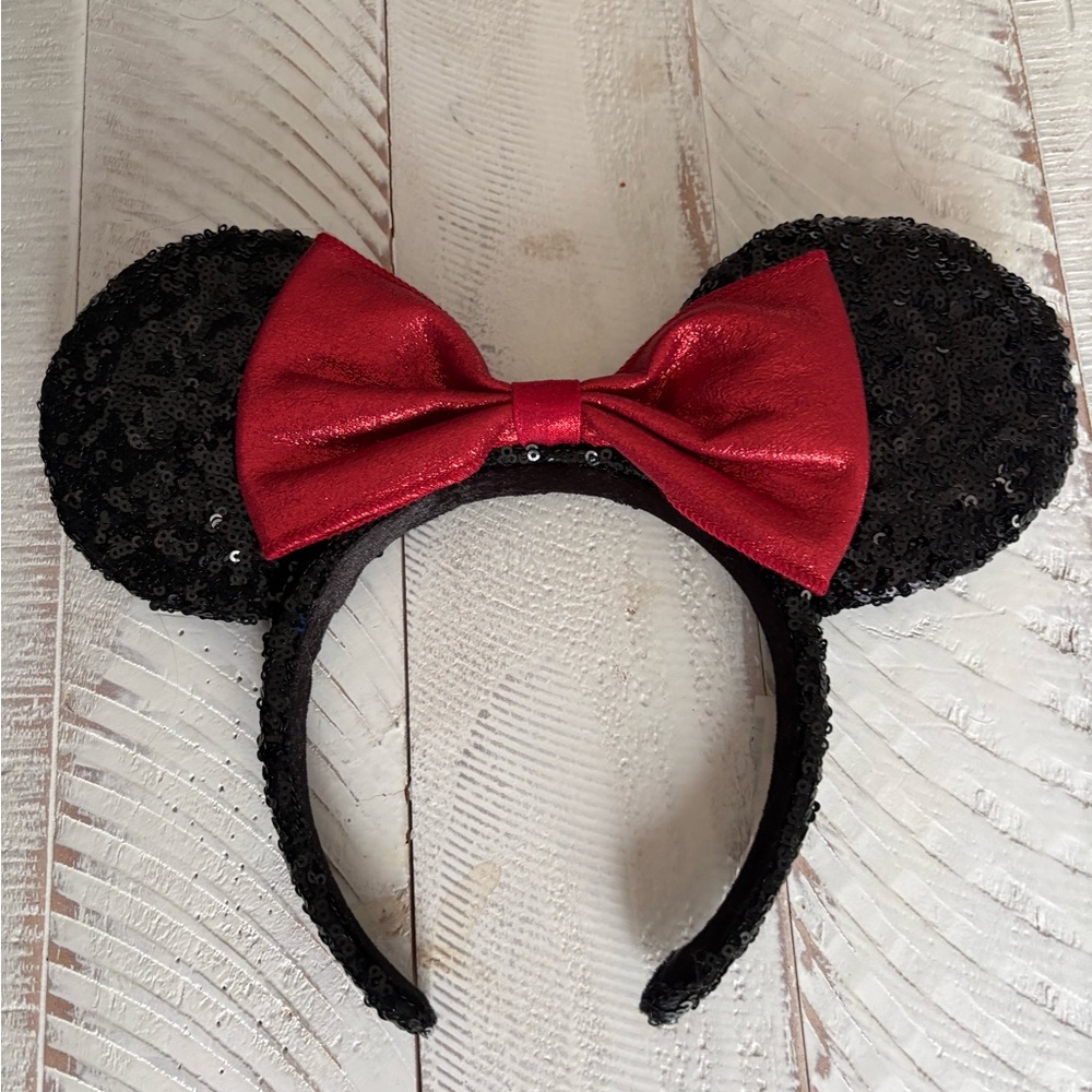 Disney Black Sequin Ear Headband with Red Bow